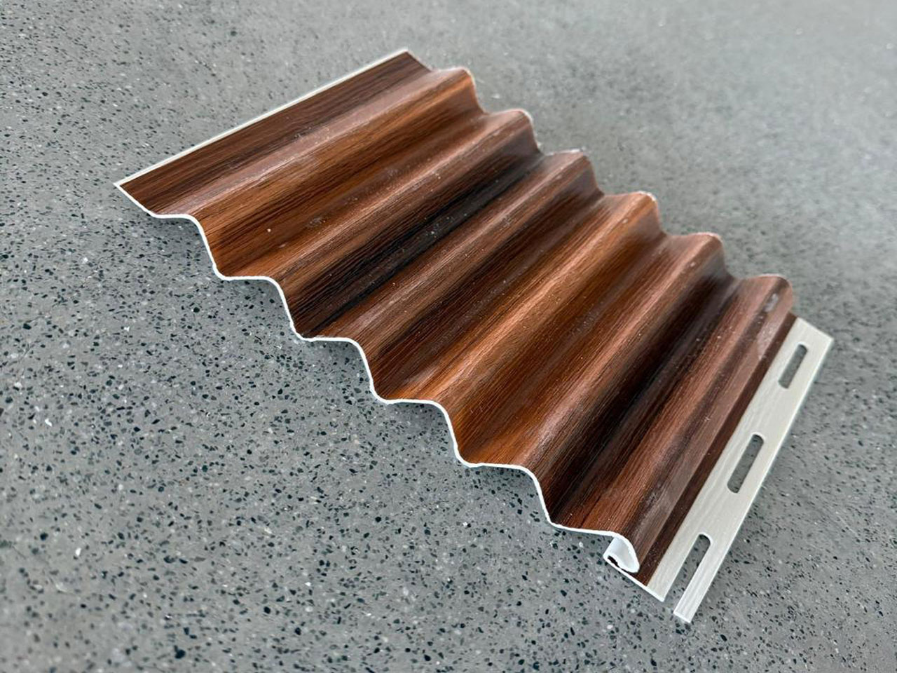 Wave Pattern Soffit Panel – Dark Natural Wood Textured Finish | SP-025