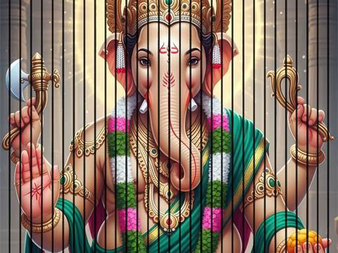 7D Fluted Panel – 7D-119 | Lord Ganesha Four-Armed Design with Aura | Textured Finish | 5 Feet × 10 Feet