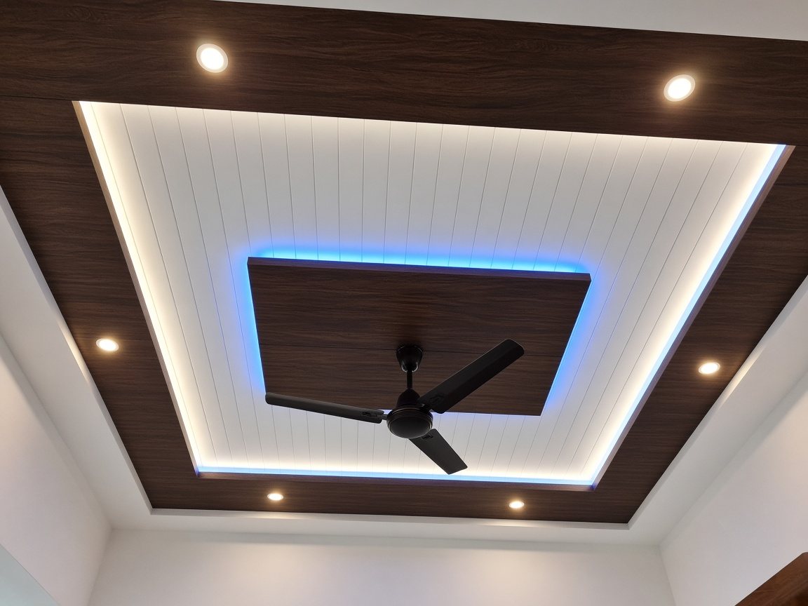 PVC False Ceiling with wood grain and cove lighting