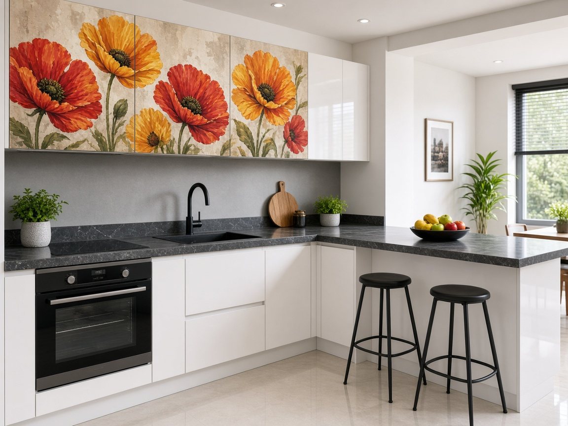PVC Modular Kitchen with a floral finish