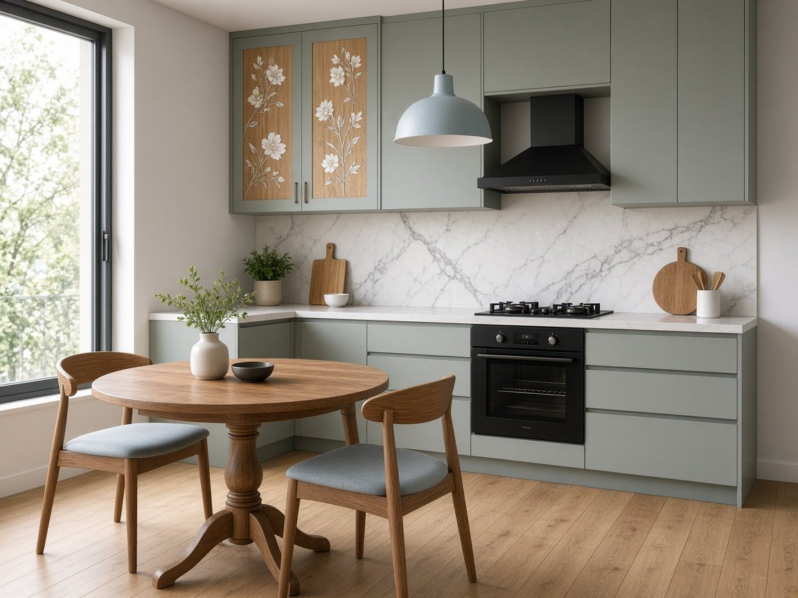PVC Modular Kitchen with a light grey finish