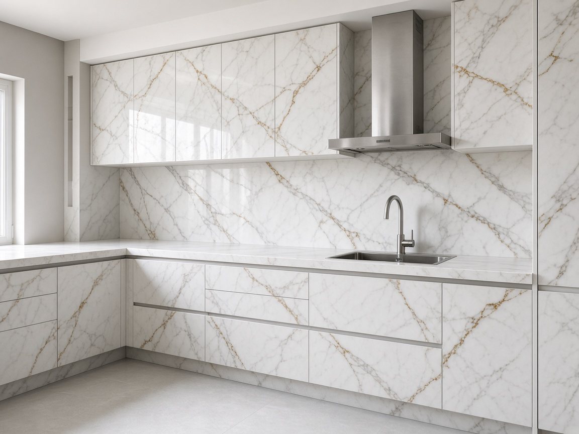 PVC Modular Kitchen in a marble finish