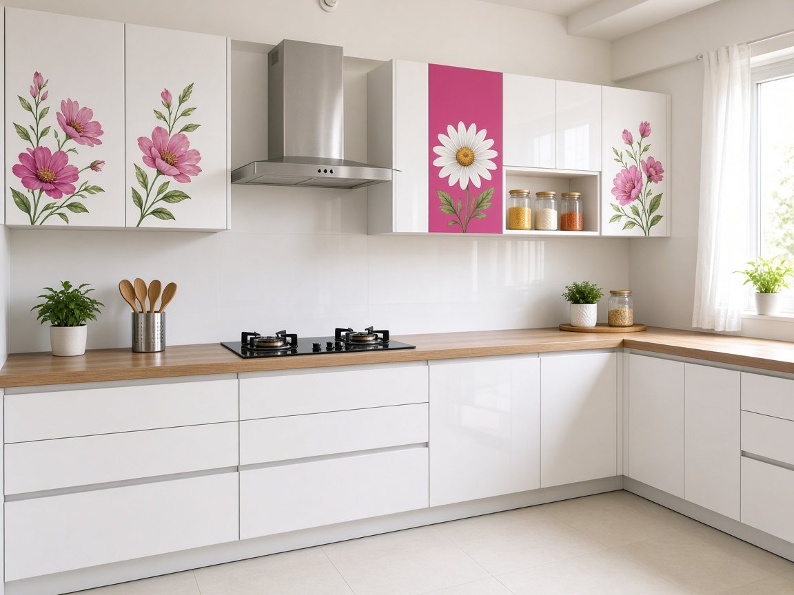 PVC Modular Kitchen with a floral pink finish