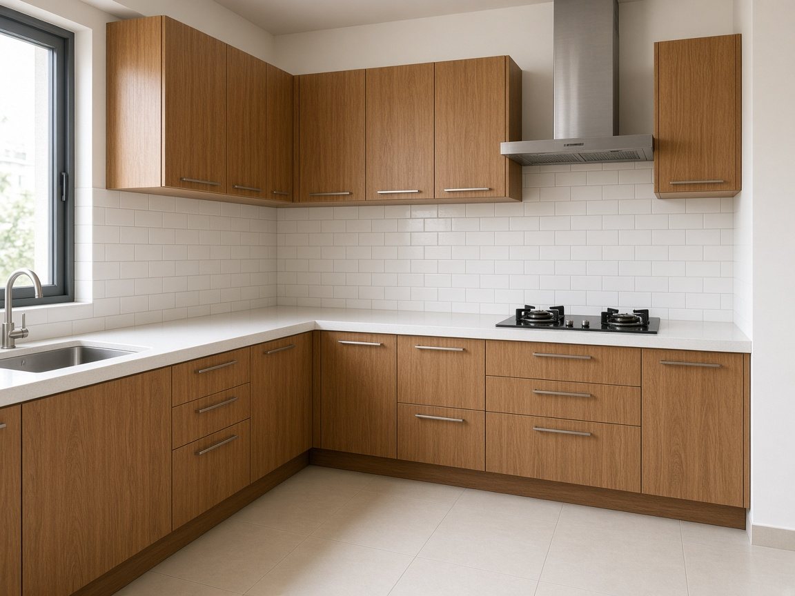 PVC Modular Kitchen with a wood finish