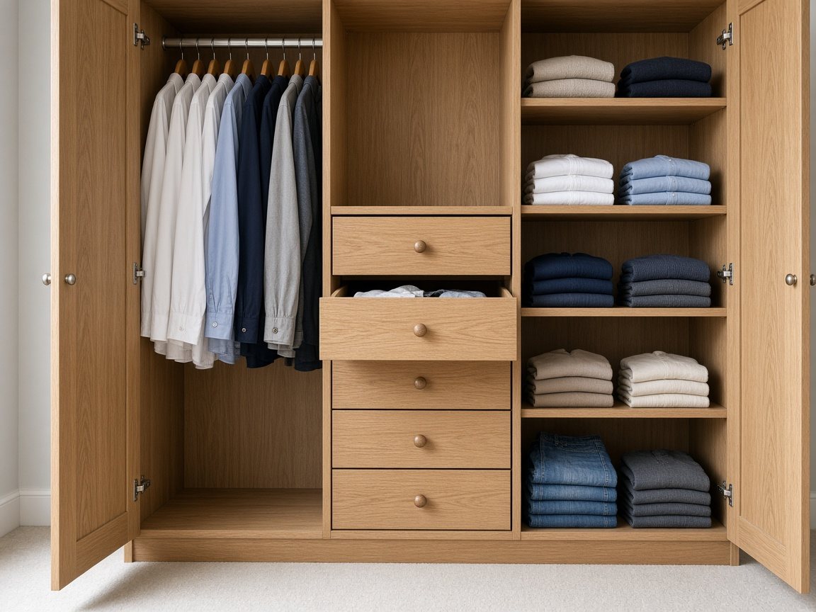 Inside a PVC Wardrobe with hanging and shelves